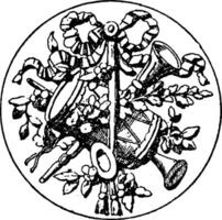 medaljong symbol är en symbol av en tamburin med flöjter, årgång gravyr. vektor