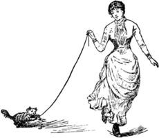 kvinna gående och bärande katt med henne årgång illustration. vektor