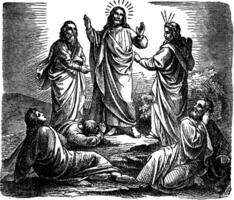 de förvandling av Jesus på en berg med peter, james, och john årgång illustration. vektor