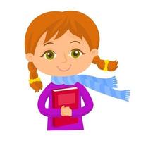 liten flicka med bok i händerna och en halsduk vektor