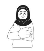 Hijab jung Erwachsene Frau zuversichtlich Waffen gefaltet schwarz und Weiß 2d Karikatur Charakter. gekreuzt Waffen Muslim weiblich isoliert Vektor Gliederung Person. Kopftuch beiläufig monochromatisch eben Stelle Illustration