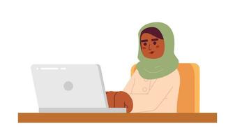 afrikansk amerikan kvinna hijab avlägsen anställd 2d tecknad serie karaktär. slöja svart kvinna skriver bärbar dator isolerat vektor person vit bakgrund. distansarbete vuxen muslim Färg platt fläck illustration