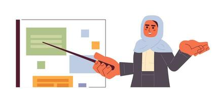 Hijab Mitarbeiter halten zeigen Stock 2d Karikatur Charakter. Muslim Kopftuch Frau isoliert Vektor Person Weiß Hintergrund. arabisch Dame zeigen Büro Präsentation Tafel Farbe eben Stelle Illustration
