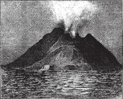 utbrott vulkan, stromboli, Italien, årgång gravyr. vektor