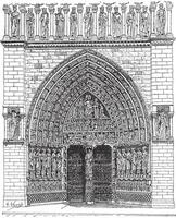 dörr, mitten av de främre av Notre Dame de paris eller notre dame katedral, årgång gravyr. vektor