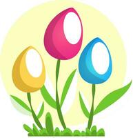 Gelb Rosa und Blau Ostern Eier auf Blume Stängel Illustration Netz Vektor auf ein Weiß Hintergrund