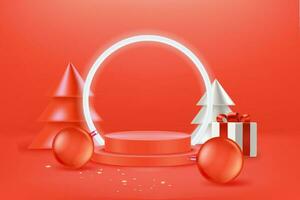 jul hälsning kort med abstrakt tallar, gåva låda och röd grannlåt. 3d vektor baner med kopia Plats