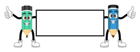 söta vackra maskotpenna tecken står och håller tomma skylt tillsammans isolerade vektor