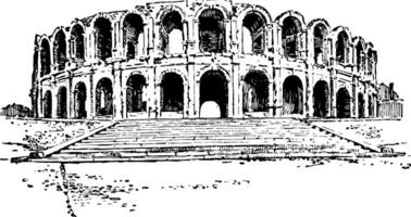 Amphitheater von arles ein römisch Amphitheater im das Süd- Französisch Stadt, Dorf Jahrgang Gravur. vektor