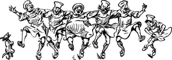 männlich Köche Tanzen im ein Linie Sozial Experimentieren Jahrgang Gravur. vektor