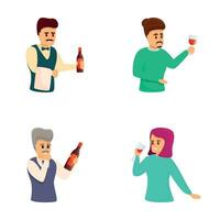 vin provsmakning ikoner uppsättning tecknad serie vektor. människor innehav flaska och vinglas vektor