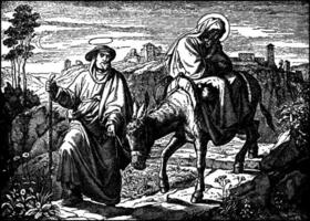 Joseph leder mary och Jesus på de väg till egypten som de fly från kung herod årgång illustration. vektor
