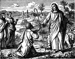 das Wiederherstellung von Peter durch Jesus nach das Auferstehung Jahrgang Illustration. vektor