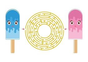 färgglad rund labyrint med en härlig seriefigur. rolig glass. ett intressant och användbart spel för barn. enkel platt vektor illustration isolerad på vit bakgrund.