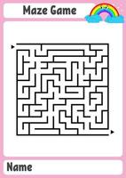 abstraktes quadratisches Labyrinth. Arbeitsblätter für Kinder. Spielpuzzle für Kinder. lustiger Regenbogen auf farbigem Hintergrund. ein Eingang, ein Ausgang. Labyrinth Rätsel. Vektor-Illustration. mit Platz für Namen. vektor