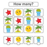Zählspiel für Vorschulkinder zur Entwicklung mathematischer Fähigkeiten. zählen Sie die Anzahl der Objekte im Bild. mit Platz für Antworten. einfache flache isolierte vektorillustration. vektor
