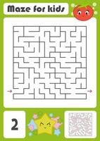 en fyrkantig labyrint med en seriefigur. vacker tomat och stjärna. ett intressant och utvecklande spel för barn. enkel platt isolerad vektor illustration.