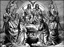 de apostlar, Jesus, Gud, de helig anda, och de välsignad jungfrulig mary i himmel årgång illustration. vektor