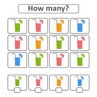 spel för förskolebarn. räkna lika många glas med juice på bilden och skriv ner resultatet. med plats för svar. enkel platt isolerad vektor illustration.