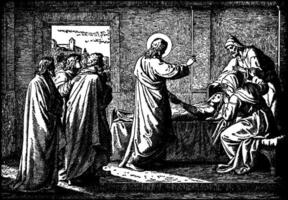 Jesus ersteht wieder das Tochter von Jairus, Lineal von das Synagoge Jahrgang Illustration. vektor