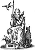 woden oder Odin, germanisch und nordisch Gott, sitzend mit seine Wölfe und Krähen Jahrgang Illustration. vektor