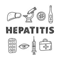 Poster mit Beschriftung und Gekritzel Hepatitis Symbole. vektor
