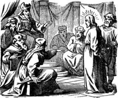 das Sanhedrin Versuch von Jesus - - er ist genommen Vor Annas, das ehemalige hoch Priester Jahrgang Illustration. vektor