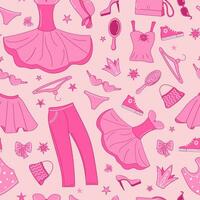 rosa mode uppsättning. mönster av docka Tillbehör. kläder för prinsessa, flickor. fest, boll klänning, skor, väska, krona. vektor