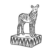 en hand dragen linje illustration av en zebra på en plint, inspiration tagen från gammal skola cirkusar. vektor