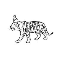 en linje dragen tiger bär en fest hatt. perfekt för en barn fest, diy inbjudningar och fest eller händelse Skyltning. dragen förbi hand i svart och vit. vektor