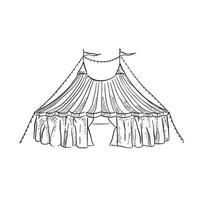 en linje dragen cirkus tält i svart och vit med flaggor på de topp och två blast. hand dragen på fortplanta sig. vektor
