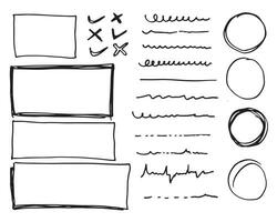 gekritzelvektorlinien und kurven. handgezeichnete scheck- und pfeilzeichen. satz einfacher kritzellinien, kurven, rahmen und punkte. Sammlung von Bleistifteffekten. Doodle-Grenze. einfaches Doodle-Set. vektor