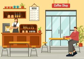 kaffe affär vektor illustration med interiör och möbel lämplig för affisch eller annons i platt tecknad serie bakgrund design