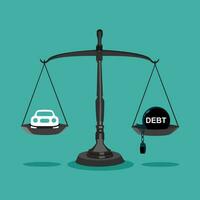 bilar och skulder är likvärdig i vågar. de begrepp av har bil lån. vektor illustration