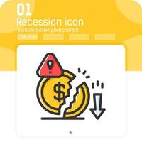 Verringern Sie das Geldsymbol mit dem Umrissfarbstil, der auf weißem Hintergrund isoliert ist. Grafik Illustration Rezession, Nachteil Geschäftssymbol für ui, ux, Website, Finanzen, Logo, mobile Apps und alle Projekte vektor