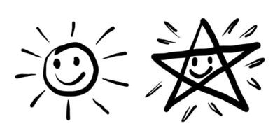 Gekritzel einstellen Karikatur Ausdrücke Auswirkungen Sonne und Stern. Kinder Zeichnung. Vektor Illustration