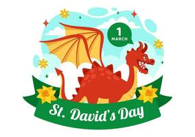 Lycklig st davids dag vektor illustration på Mars 1 med welsh drakar och gul påskliljor i firande Semester platt tecknad serie bakgrund design