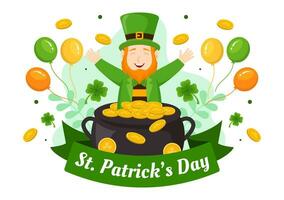 Lycklig st Patricks dag vektor illustration på 17 Mars med gyllene mynt, grön hatt, öl pub och vitklöver i platt tecknad serie bakgrund design