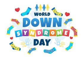 Welt Nieder Syndrom Tag Vektor Illustration auf März 21 mit Blau und Gelb Band, Erde Karte, ungepaart Socken und Kinder im eben Karikatur Hintergrund