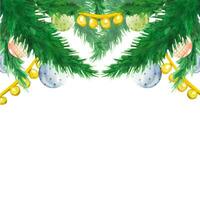 vattenfärg jul träd grenar dekorerad med blå, rosa, grön glas bollar hängande på gyllene band och ljus ljus girlanger. vektor. xmas ornament illustration för dekoration och design vektor