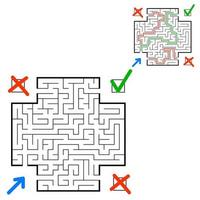 abstraktes quadratisches Labyrinth. den richtigen Weg finden. Spiel für Kinder. Puzzle für Kinder. Labyrinth Rätsel. flache Vektorillustration lokalisiert auf weißem Hintergrund. mit Antwort. mit Platz für Ihr Bild. vektor