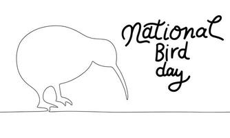 National Vogel Tag Banner mit Linie Kunst Kiwi Vogel Silhouette. Handschrift Text und einer Linie kontinuierlich Kiwi Vogel. Hand gezeichnet Vektor Kunst