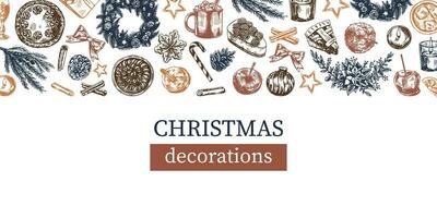 ritad för hand jul mall i skiss stil. festlig dekoration - krans, gåva, sötsaker, mat, jul träd dekor, drycker och kryddor. årgång design med ett tömma Plats. vektor
