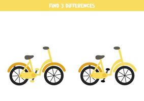 hitta 3 skillnader mellan två tecknade gula cyklar. vektor