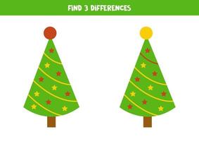 hitta tre skillnader mellan två bilder på julgranen. vektor