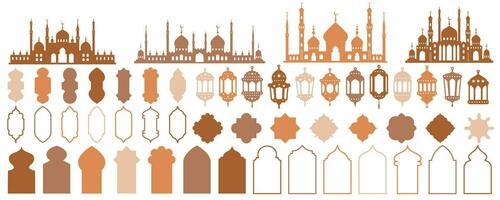 Ramadan Muslim Vektor Formen Satz. islamisch Moschee Fenster Frames und Laternen Silhouetten. traditionell Bogen Vorlage Design zum Dekoration. orientalisch minimal Elemente.