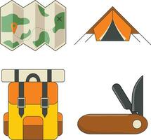 Camping Ausrüstung Symbol Satz. mit Karikatur Design. Vektor Illustration.