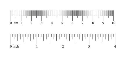 einstellen von Messung Diagramme mit 10 Zentimeter und 4 Zoll. Sammlung von Vorlagen Lineale Rahmen mit Zahlen. Nähen Werkzeug. Länge Messung Mathematik, Distanz, Höhe. Vektor einfach Illustration. Folge.