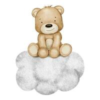 Baby Bär Spielzeug ist Sitzung auf das Wolke. Teddy Spielzeug. süß Kinder- Charakter. Aquarell Illustration. isoliert. Ideal zum Baby Dusche, Poster, Karten, Einladungen, Stoff, Kinder- Zimmer Design, Logo vektor