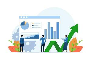 data analys begrepp. uppkopplad företag analys. team av affärsmän är studerar infografik. analyserar data, företag analys. modern platt tecknad serie stil. vektor illustration på vit bakgrund
